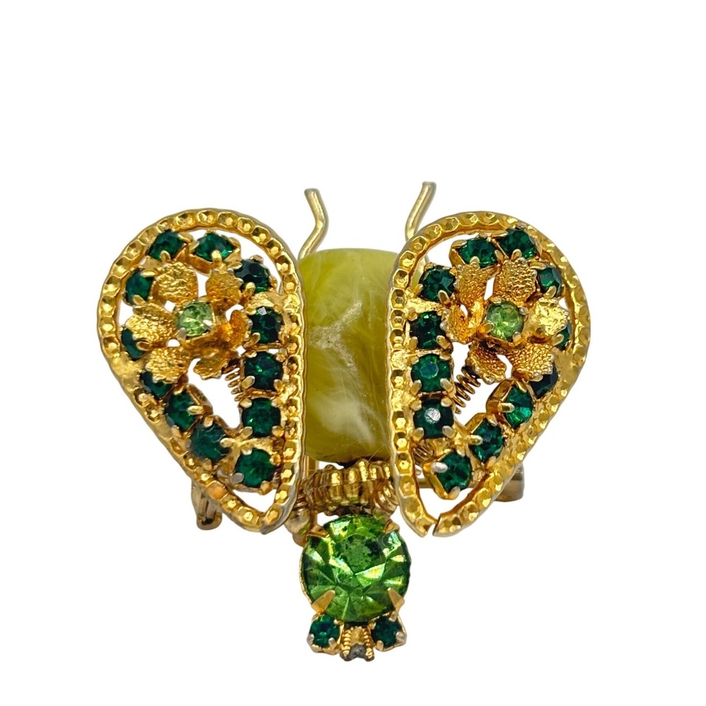 VTG 60s Schreider-esque Trembler Wing Gold-Tone Insect Brooch Green Rhinestones